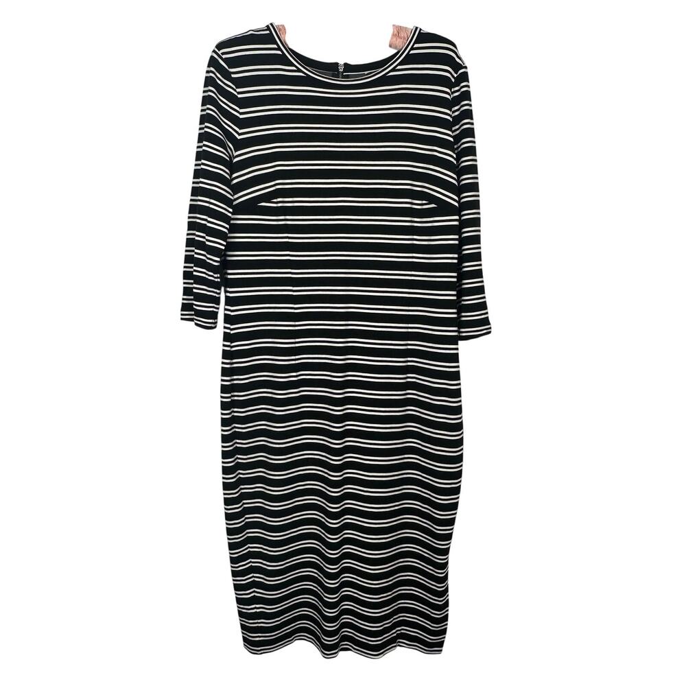 Ann Taylor Striped Midi Dress Large Black White 3/4 Sleeve Stretch Sheath
